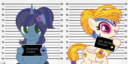 Size: 4048x2036 | Tagged: safe, artist:fourteennails, artist:savannah-london, derpibooru import, idw, golden feather, princess celestia, oc, oc:savannah london, pegasus, pony, unicorn, barbie mugshot meme, base used, bracelet, canon x oc, disguise, disguised celestia, duo, female, flower, flower in hair, hoof hold, jewelry, lesbian, looking at you, mare, meme, mugshot, open mouth, open smile, savannahlestia, shipping, smiling, smiling at you