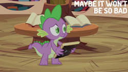 Size: 2000x1125 | Tagged: safe, derpibooru import, edit, edited screencap, editor:quoterific, screencap, spike, magical mystery cure, book, golden oaks library, solo