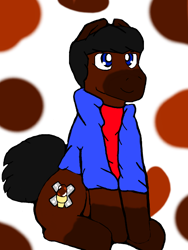 Size: 512x680 | Tagged: safe, artist:cavewolfphil, derpibooru import, oc, oc only, earth pony, clothes, colt, dots, foal, jacket, male, sitting, smiling, solo