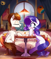 Size: 3669x4247 | Tagged: safe, artist:nevobaster, derpibooru import, rarity, oc, oc:rml, pegasus, pony, unicorn, alcohol, canon x oc, city, clothes, commission, eating, eyes closed, female, food, makeup, male, mare, pillow, restaurant, romantic, scarf, sitting, smiling, snow, snowfall, stallion, straight, table, tail, talking, window, wine, wings