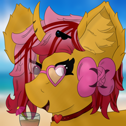 Size: 3000x3000 | Tagged: safe, artist:spiroudada, derpibooru import, oc, oc only, oc:dolly hooves, pony, unicorn, alcohol, beach, bow, bust, cocktail, cute, drink, glasses, portrait, profile picture, smiling, summer