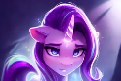 Size: 2304x1536 | Tagged: safe, ai content, derpibooru exclusive, derpibooru import, generator:pony diffusion v4, generator:stable diffusion, machine learning generated, starlight glimmer, pony, unicorn, female, glowing, glowing horn, horn, looking at you, mare, prompter:siber, solo