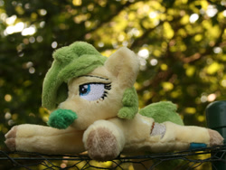 Size: 2260x1695 | Tagged: safe, artist:bastler, derpibooru import, oc, oc only, oc:nettle vienna, earth pony, pony, female, irl, leaves, mare, photo, plushie, solo