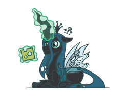 Size: 1800x1350 | Tagged: safe, artist:flutterluv, derpibooru import, queen chrysalis, changeling, changeling queen, cheese, cheeselegs, confused, eyebrows, food, lying down, magic, prone, question mark, raised eyebrow, simple background, solo, telekinesis, transparent background