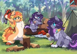 Size: 1100x778 | Tagged: safe, artist:arctic-fox, derpibooru import, oc, oc only, oc:astranea, oc:evanti, oc:imiya, dracony, dragon, hybrid, original species, pony, apple, axe, basket, chest fluff, food, forest, griffling, log, picnic blanket, tent, tongue, tongue out, trio, weapon