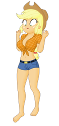 Size: 1800x3800 | Tagged: safe, edit, editor:ah96, applejack, human, equestria girls, applerack, barefoot, belly button, breast edit, breasts, clothes, feet, female, front knot midriff, midriff, ms paint, shading, shirt, simple background, solo, transparent background