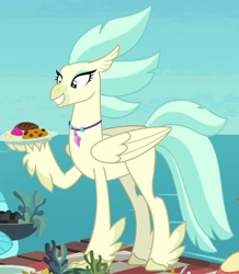 Size: 610x700 | Tagged: safe, derpibooru import, screencap, classical hippogriff, hippogriff, g4, surf and/or turf, beak, bowl, cookie, coral sunburst, cropped, feathered fetlocks, female, female focus, folded wings, food, grin, misty shores, morning horizon, offscreen character, outdoors, picnic, plate, smiling, solo focus, tail, trio, water, wings