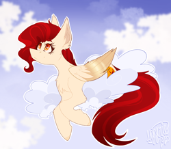 Size: 1986x1734 | Tagged: safe, artist:ezzerie, derpibooru import, oc, oc only, oc:dusk feather, pegasus, pony, cloud, colored wings, female, giveaway result, lying on clouds, mare, on a cloud, pegasus oc, raffle, solo, two toned wings, wings