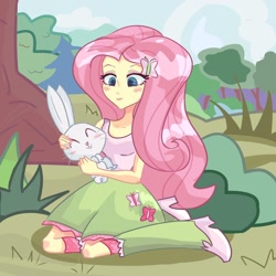 Size: 1000x1000 | Tagged: safe, artist:naelikes2meow, derpibooru import, angel bunny, fluttershy, rabbit, equestria girls, animal, clothes, female, outdoors, skirt, solo