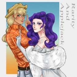 Size: 1500x1500 | Tagged: safe, artist:jtynnod, derpibooru import, applejack, rarity, human, duo, duo female, ear piercing, eyebrows, eyebrows visible through hair, female, humanized, lesbian, looking at you, open mouth, open smile, piercing, raised finger, rarijack, shipping, smiling, smiling at you