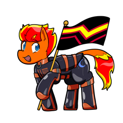 Size: 736x736 | Tagged: safe, artist:defilerzero, derpibooru import, oc, oc only, oc:fireheart(fire), clothes, commission, fireheart76's latex suit design, flag, latex, latex suit, pride, pride month, prisoners of the moon, rubber, rubber suit, simple background, solo, transparent background, ych result