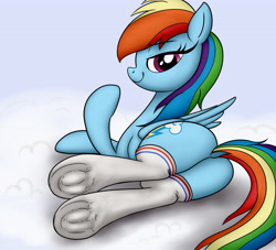 Size: 4400x4000 | Tagged: safe, alternate version, artist:littlenaughtypony, derpibooru import, rainbow dash, pegasus, clothes, fetish, frog (hoof), hoof fetish, looking at you, looking back, looking back at you, lying down, on side, smiling, socks, underhoof