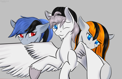 Size: 1941x1257 | Tagged: safe, artist:renarde-louve, derpibooru exclusive, derpibooru import, oc, oc only, oc:acela, oc:feather river, oc:seleno, pegasus, grooming, pegasus oc, preening, wings