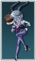 Size: 900x1500 | Tagged: safe, artist:shaxbert, derpibooru import, silver spoon, human, equestria girls, birthday cake, bunny ears, bunny suit, cake, choker, clothes, cuffs (clothes), food, glasses, gradient background, high heels, leotard, lipstick, older, older silver spoon, shoes, solo