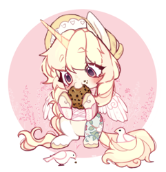 Size: 1626x1686 | Tagged: safe, artist:ruru_01, derpibooru import, cookie crumbles, oc, alicorn, bird, pony, chibi, clothes, cookie, cute, eating, food, hat, long mane, long tail, simple background, solo, spread wings, tail, wings