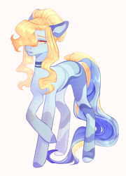 Size: 2604x3612 | Tagged: safe, artist:dreamyrat, derpibooru import, oc, oc only, earth pony, pony, blonde, blonde mane, blue mane, earth pony oc, female, golden eyes, looking at you, mare, open mouth, raised hoof, raised leg, simple background, solo, standing, two toned mane, yellow mane