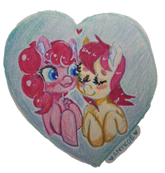 Size: 867x908 | Tagged: safe, artist:anykoe, derpibooru import, pinkie pie, roseluck, earth pony, pony, colored pencil drawing, female, heart, lesbian, rosepie, shipping, simple background, traditional art, transparent background