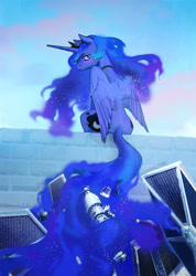 Size: 1920x2694 | Tagged: safe, artist:lusille, derpibooru import, princess luna, alicorn, pony, :i, blushing, brick wall, ethereal tail, female, looking back, mare, satellite, sitting, sky, solo, star wars, starfighter, tail, tie fighter