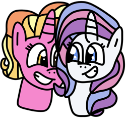 Size: 923x866 | Tagged: safe, artist:jadeharmony, derpibooru import, luster dawn, potion nova, pony, unicorn, bust, duo, duo female, female, grin, lesbian, looking at each other, looking at someone, lusternova, mare, shipping, simple background, smiling, smiling at each other, transparent background