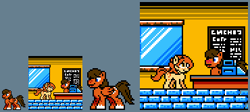 Size: 370x166 | Tagged: safe, artist:dameonschnider, artist:jitterbug-cafe, derpibooru import, oc, oc:buttermilk (jitterbug-cafe), oc:dusty (jitterbug-cafe), pony, pixel art