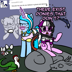 Size: 800x800 | Tagged: safe, artist:thedragenda, derpibooru import, oc, oc:ace, oc:aurora (thedragenda), cockatrice, draconequus, earth pony, ghost, parasprite, pony, undead, unicorn, ask-acepony, cup, magic, teacup