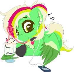 Size: 1845x1783 | Tagged: safe, artist:rhythmpixel, derpibooru import, oc, oc only, oc:gumdrops, pegasus, pony, drink, earbuds, ipod, milkshake, music notes, simple background, solo, transparent background