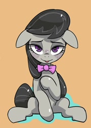 Size: 1000x1400 | Tagged: safe, artist:baigak, derpibooru import, octavia melody, earth pony, pony, bowtie, ears, floppy ears, lidded eyes, looking at you, orange background, simple background, sitting, smiling, smiling at you, solo