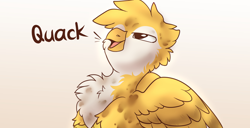 Size: 5616x2880 | Tagged: safe, artist:mariashek, derpibooru exclusive, derpibooru import, oc, oc only, oc:beaky, griffon, behaving like a duck, chest fluff, fluffy, gradient background, griffon oc, quack, solo