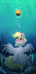Size: 1300x2692 | Tagged: safe, artist:rexyseven, derpibooru import, derpy hooves, pegasus, pony, absurd resolution, blushing, bubble, crepuscular rays, cupcake, cute, digital art, feather, female, flowing mane, flowing tail, food, golden eyes, happy, holding breath, looking up, mare, muffin, ocean, puffy cheeks, rock, seaweed, sitting, smiling, solo, spread wings, sunlight, tail, underwater, water, wings, yellow mane, yellow tail