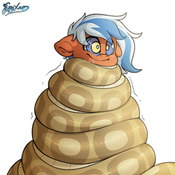 Size: 2500x2500 | Tagged: safe, artist:fluffyxai, derpibooru import, oc, oc only, oc:anika, oc:flaming spark, snake, coiling, coils, drool, hypno eyes, hypnosis, kaa eyes, simple background, smiling, tail, tail wrap, transparent background, wrapped up