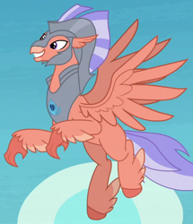 Size: 590x685 | Tagged: safe, derpibooru import, screencap, classical hippogriff, hippogriff, g4, surf and/or turf, beak, chestplate, cropped, feathered fetlocks, flying, grin, helmet, sky, smiling, solo, spread wings, tail, unnamed character, unnamed hippogriff, wings