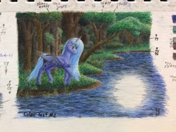 Size: 2048x1536 | Tagged: safe, artist:antnoob, artist:lightsolver, derpibooru import, princess luna, alicorn, pony, color, female, forest, mare, moon, night, pensive, pond, sad, solo, traditional art, water, watercolor painting