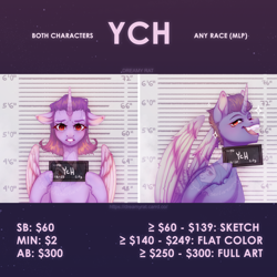 Size: 3000x3000 | Tagged: safe, artist:dreamyrat, derpibooru import, oc, oc only, alicorn, pony, alicorn oc, barbie mugshot meme, butt, commission, duo, duo male and female, ears, female, floppy ears, holding sign, horn, male, meme, mugshot, open mouth, open smile, plot, purple hair, red eyes, smiling, smirk, stallion, text, wings, ych example, your character here