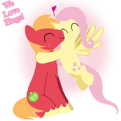 Size: 1400x1400 | Tagged: safe, artist:mlplary6, derpibooru import, big macintosh, fluttershy, earth pony, pegasus, pony, ^^, duo, eyes closed, female, floating heart, fluttermac, flying, heart, hug, love, male, mare, shipping, sitting, smiling, stallion, straight, text