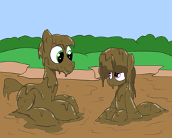 Size: 2000x1600 | Tagged: safe, artist:amateur-draw, derpibooru import, oc, oc only, oc:belle boue, oc:oak wood, earth pony, pony, unicorn, covered in mud, male, mud, mud bath, mud play, mud pony, muddy, stallion, wet and messy