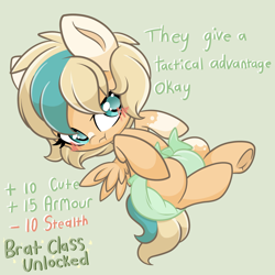 Size: 1200x1200 | Tagged: safe, artist:faelullaby, derpibooru import, oc, oc only, oc:sun light, pegasus, blushing, brat, dialogue, diaper, embarrassed, female, filly, foal, green background, lying down, non-baby in diaper, on back, pegasus oc, pouting, simple background, solo, text