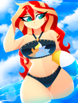 Size: 1500x2000 | Tagged: safe, artist:xan-gelx, derpibooru import, sunset shimmer, human, equestria girls, beach ball, belly button, bikini, bikini bottom, bikini top, clothes, cloud, cute, female, legs, legs in the water, legs together, midriff, outdoors, partially submerged, pool toy, shimmerbetes, sky, solo, sun, swimsuit, water, wide hips