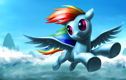 Size: 1700x1080 | Tagged: safe, artist:murskme, derpibooru import, rainbow dash, pegasus, pony, canterlot, cloud, cloudy, female, flying, grin, mare, smiling, solo, underhoof, windswept mane