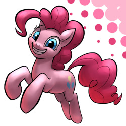 Size: 1400x1400 | Tagged: safe, artist:murskme, derpibooru import, pinkie pie, earth pony, pony, female, grin, jumping, looking at you, mare, simple background, smiling, solo, white background