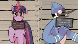 Size: 1638x922 | Tagged: safe, artist:nolazzelbark, derpibooru import, twilight sparkle, twilight sparkle (alicorn), alicorn, bird, blue jay, pony, barbie mugshot meme, crossover, crossover shipping, duo, duo male and female, female, looking at you, magic, male, meme, mordecai, mordetwi, mugshot, one ear down, one eye closed, regular show, shipping, smiling, straight, sweat, sweatdrop, telekinesis, wink, winking at you, worried