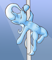 Size: 843x974 | Tagged: safe, artist:xppp1n, derpibooru import, trixie, unicorn, eyes closed, female, mare, pole dancing, simple background, solo, spotlight, stripper pole, stripsie