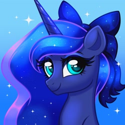 Size: 4000x4000 | Tagged: safe, artist:confetticakez, derpibooru import, princess luna, alicorn, pony, absurd resolution, bow, bust, cute, eyebrows, female, gradient background, hair bow, looking at you, lunabetes, mare, smiling, smiling at you, solo, sparkles
