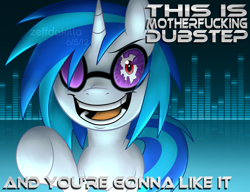 Size: 3000x2300 | Tagged: safe, artist:zeffdakilla, derpibooru import, dj pon-3, vinyl scratch, pony, unicorn, broken glass, broken glasses, creepy, dubstep, glasses, gradient background, insanity, looking at you, pointing at you, raised hoof, raised leg, red eyes, scrunchy face, shattered glass, smiling, solo, text, vulgar