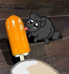 Size: 1128x1200 | Tagged: safe, artist:nootaz, derpibooru exclusive, derpibooru import, oc, oc only, oc:elinvar, oc:inkenel, pony, cream, food, licking, micro, orange, popsicle, size difference, tongue, tongue out