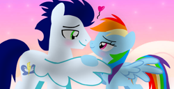 Size: 1980x1020 | Tagged: safe, artist:mlplary6, derpibooru import, rainbow dash, soarin', pegasus, pony, blushing, duo, female, floating heart, heart, looking at each other, looking at someone, love, male, mare, romantic, shipping, smiling, smiling at each other, soarindash, stallion, straight