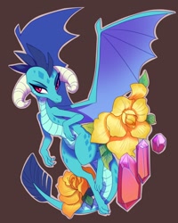 Size: 1024x1280 | Tagged: safe, artist:sambragg, derpibooru import, princess ember, dragon, brown background, dragoness, female, flower, gem, simple background, solo, spread wings, wings