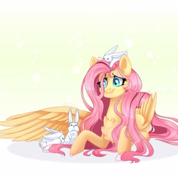 Size: 2049x2049 | Tagged: safe, artist:wolfythewolf555, derpibooru import, fluttershy, butterfly, pegasus, pony, rabbit, animal, cute, female, mare, shyabetes