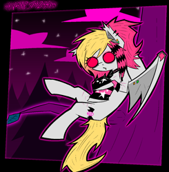 Size: 2150x2192 | Tagged: safe, artist:xxv4mp_g4z3rxx, derpibooru import, oc, oc only, oc:batty bliss, bat pony, pony, bat pony oc, blonde, blonde tail, choker, clothes, cloud, emo, fangs, forest, leg warmers, night, piercing, ponytail, red eyes, scar, self harm, self harm scars, sitting, solo, stars, tail, tree, two toned mane