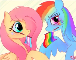 Size: 1280x1013 | Tagged: safe, artist:petaltwinkle, derpibooru import, fluttershy, rainbow dash, pegasus, pony, duo, female, gay pride flag, mare, mouth hold, mouthpiece, pride, pride flag, signature, trans female, transgender, transgender pride flag