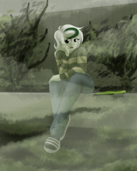 Size: 2075x2600 | Tagged: safe, artist:sixes&sevens, derpibooru import, wallflower blush, fanfic:the sunset archives, equestria girls, fanfic art, female, fence, fog, garden, sitting, solo, tape recorder, white hair